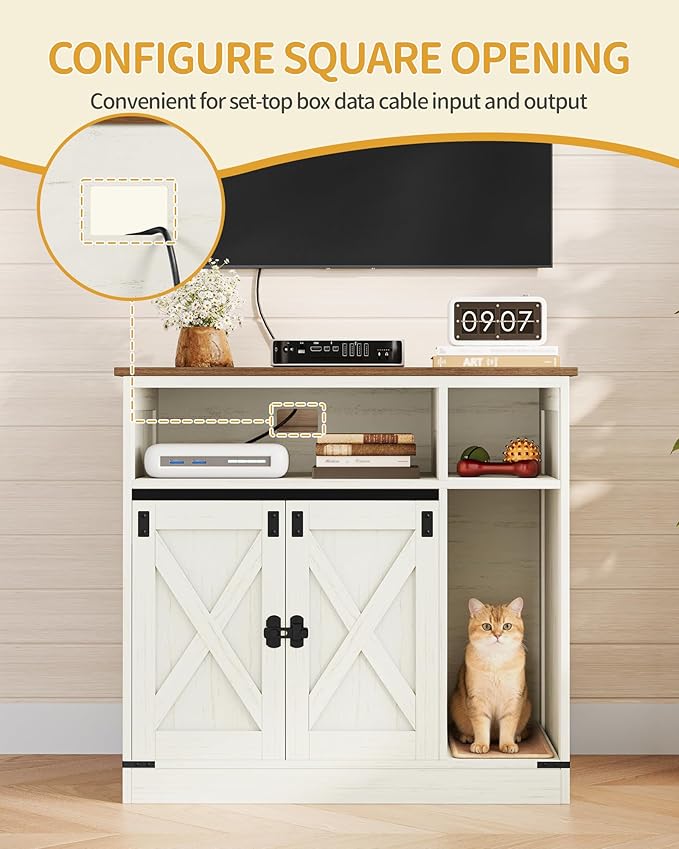 Hzuaneri Cat Litter Box Enclosure, Hidden Litter Box Furniture with Storage, Wooden Cat Cabinet with Scratch Pad, Farmhouse Cat Washroom, TV Stand End Table, Rustic Brown and White CB87514X