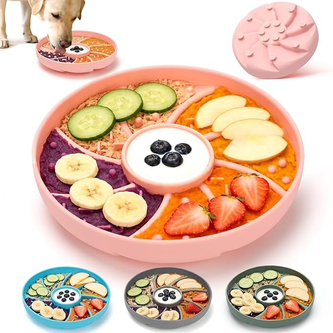 Silicone Dog & Cat Slow Feeder Bowl Lick Mat with Strong Suction Cups, Anti-Spill Design, Multi-Textured, Extend Mealtime, Reduce Anxiety, Dishwasher Safe, All Breeds & Ages (Pink)
