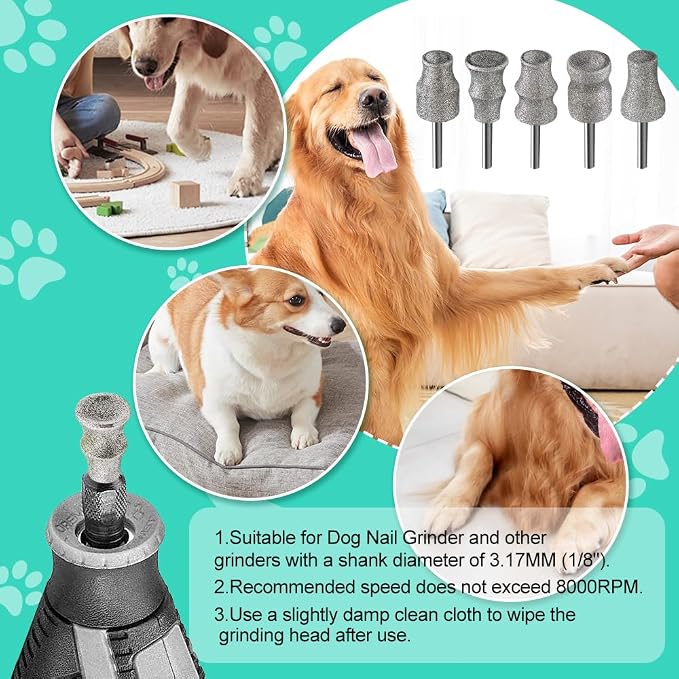 Dog Nail Grinder Bits - 1/8" Diamond Rotary Bit for Dogs and Cats, Pet Nail Grinder Wheel for Home Grooming Tools and Animal Nail Care
