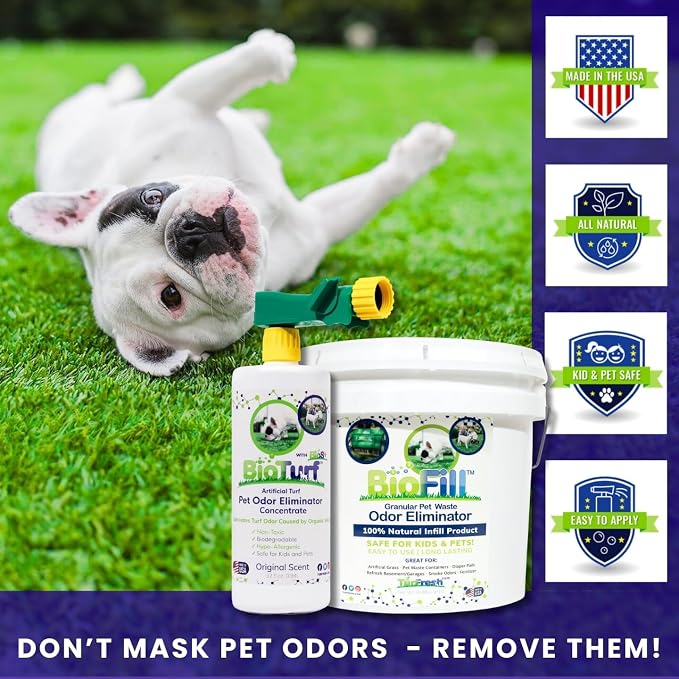 BioTurf Mini Power Pack Turf Cleaner for Pet Urine Outdoor - Artificial Turf Cleaner Concentrate - Yard Deodorizer for Dog Urine & Feces - Enzyme Kennel Odor Eliminator 32 oz Spray & 8 lb Infill