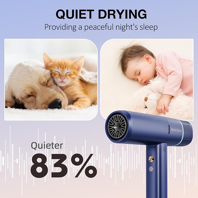 Ionic Hair Dryer with Diffuser and Concentrator, Professional Lightweight Quiet Blow Dryer, Powerful 1600 Watt Motor for Fast Drying and Straight & Wavy Hair, 3 Temps/2 Speeds, 6.56 Ft Cord, Blue