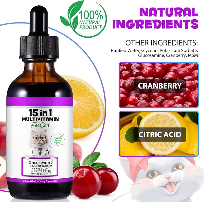 VOSIFSDIY Cat Multivitamin,15 in 1 Cat Vitamins Liquid Drops Supplements for Heart Health, Bones, Joint, Skin & Coat, Bladder, Immune System Support 60ml-2pcs