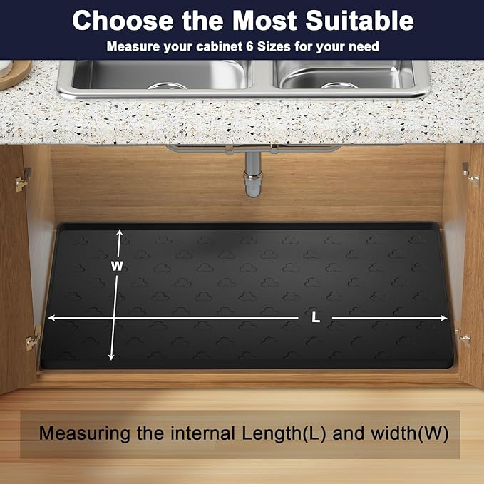 Under Sink Mat 34" x 22" Waterproof Kitchen Cabinet Mat, Flexible Under Sink Liner, Kitchen Bathroom Cabinet Mat Protector for Drip Leak Spill (Black)