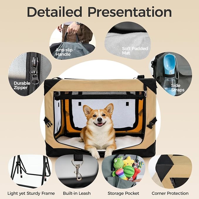 36 Inch Soft Collapsible Crate for Large Dogs, 4-Door Portable Foldable Soft Kennel with Chew Proof Mesh Windows for Indoor & Outdoor Travel Beige