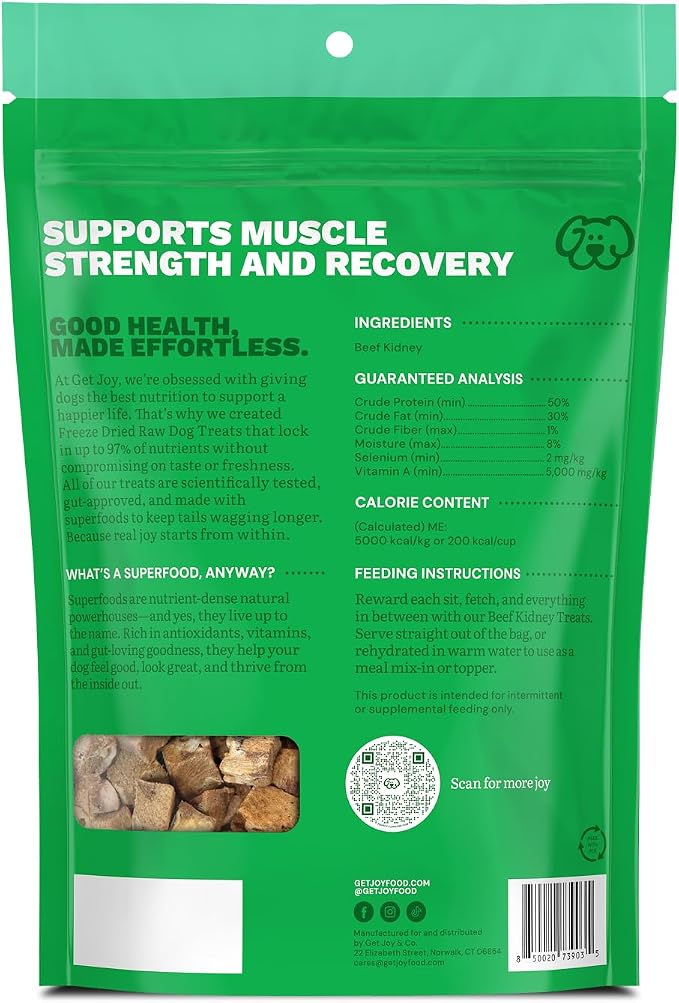 Get Joy Freeze-Dried Meal and Treats Bundle, Flexibility 100% Beef Kidney Dog Treats, 4 Ounce, and Gut Health Fresh Freeze Dried Raw Meal Dog Food, Beef Recipe, 16 Ounce