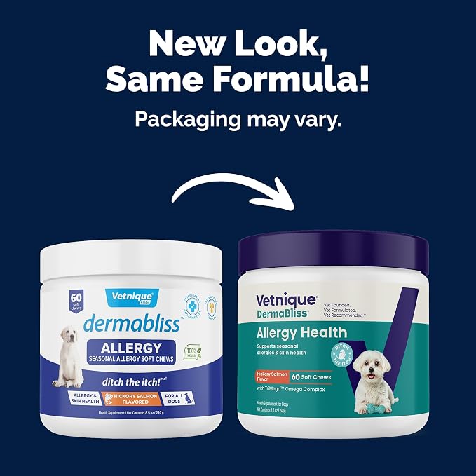 Vetnique Dermabliss Seasonal Dog Allergy Relief & Immune Support Supplement Allergy Chews for Dogs Itching and Licking with Omega 3 Fish Oil & Probiotics for Itch Relief (60 Count Chews) (Pack of 2)
