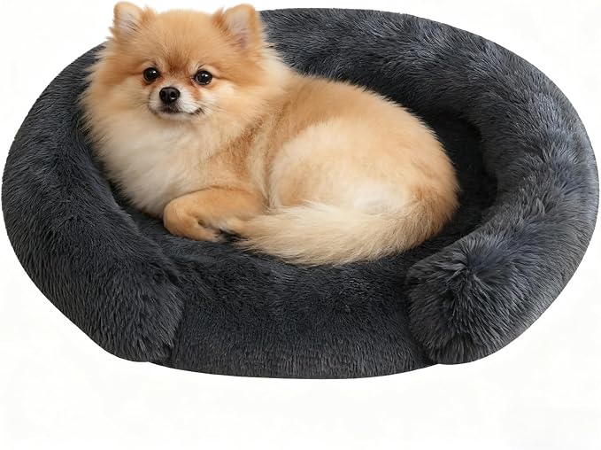 Calming Dog & Cat Beds with Orthopedic Egg-Crate Foam Raised Rim, Soft Fluffy Faux Fur Pet Bed for Small Medium Dogs, Anxiety Relief Spine Support, Machine Washable (Round, Dark Grey 23")