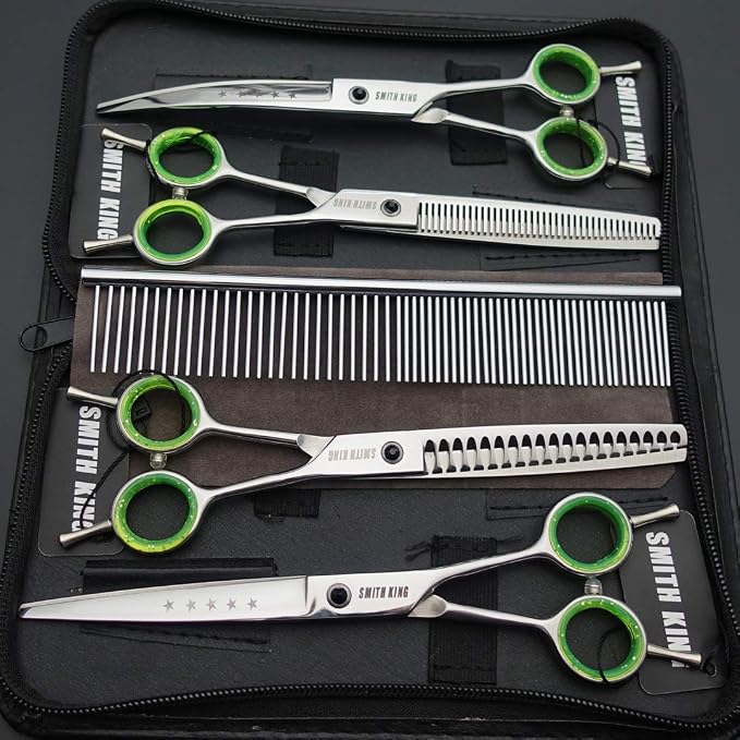 7.0 inches Professional Dog Grooming Scissors Set Straight & thinning & Curved & chunkers & comb 5pcs in 1 Set for left-handed & right handed