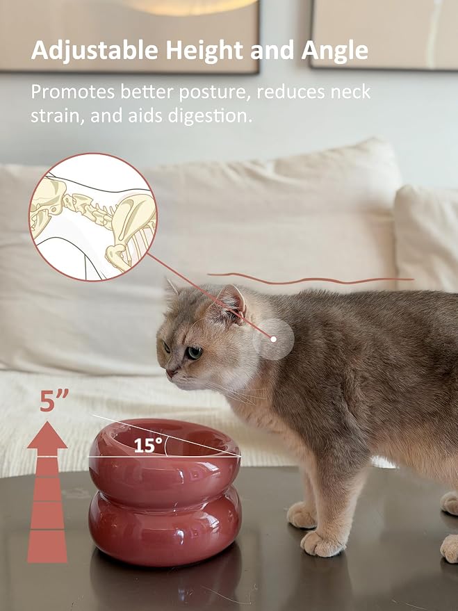 Elevated Cat Water Bowls Raised Small Ceramic Dog Bowl,Non-Slip Tilted Cat Food Bowl Whisker Friendly-Pink