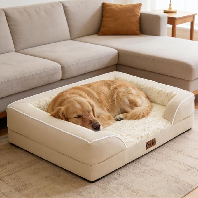 Orthopedic Dog Beds for Extra Large Sized Dogs 42x30 Inch, XL Waterproof Egg Crate Foam Dog Sofa Bed with Removable Washable Cover Big Pet Couch with Bolster & Non-Slip Bottom, Beige