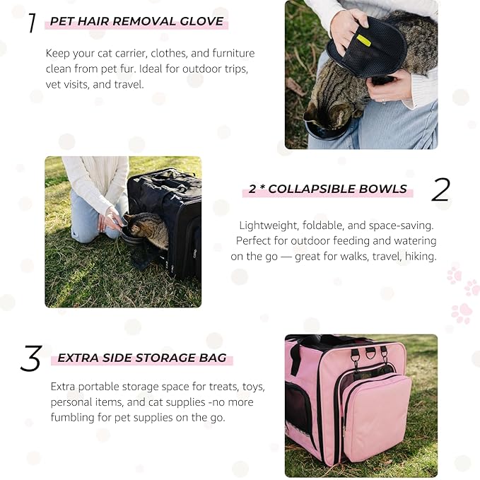 Extra Large 3-in-1 Cat Carrier for 2 Cats, with Removable Divider, Superior Ventilation, Portable Soft Sided Double Cat Carrier Large, Hair Removal Glove, 2*Bowl, Extra Side Storage Bag Included