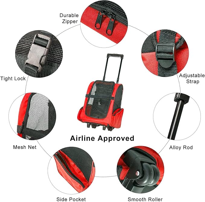 Portable Pet Travel Carrier & Backpack Luggage, Pet Carrier Stroller Trolley Bag with Wheels Soft-Sided Dog Cat Puppy Rolling Carrier with Telescopic Handle