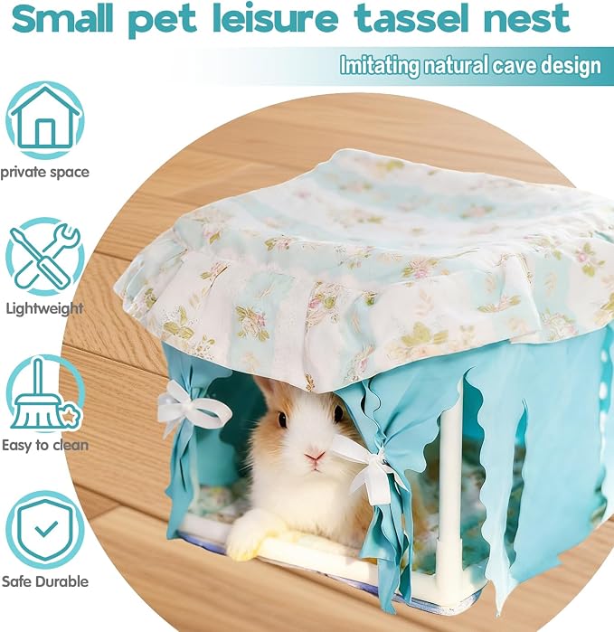 Hamster Hideout Tent with Curtain,Bunny Hideout, Machine Washable Guinea Pig Hide Tent Houses & Habitats, Triangular Hideout Shelter Small Animal Bed,Ferret, Rat, Chinchilla, Squirrel（Blue）