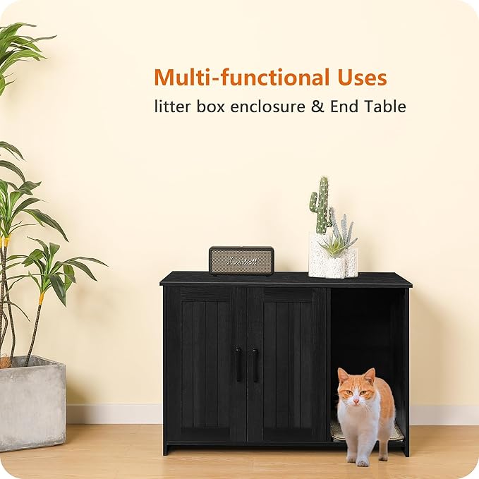 DWANTON Litter Box Enclosure, Cat Litter Box Furniture Hidden, with Scratching Mat, Wooden Cat Washroom Indoor, 31.5" L x 19.7" W x 21.7" H, Dark Gray