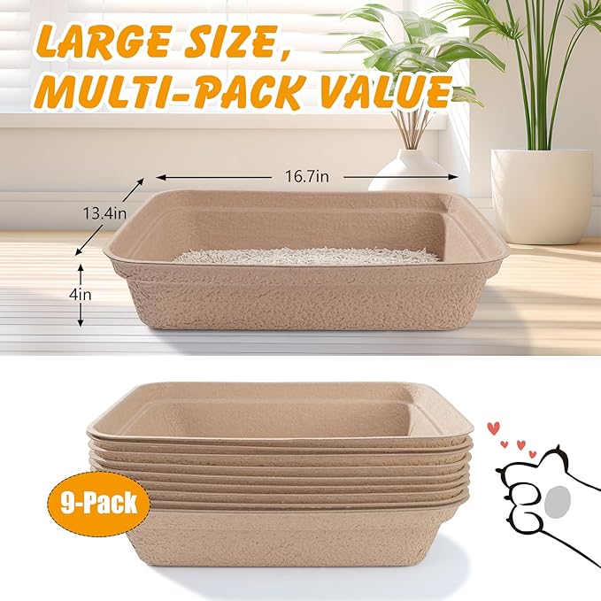 ondware Disposable Cat Litter Box(9-Pack), Large Litter Boxs for Travel Home Use(16.7 x 13.4 x 4 in)