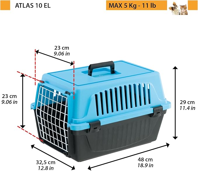 Ferplast Cat Carrier Small Dog Carrier, Secure, Practical, Easy to Clean, Durable Pet Dog/Cat Travel Box Cage up to 5 Kg. 48 x 32.5 x h 29 cm. Blue