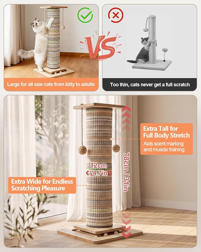 31" Extra Tall Cat Scratching Post, Natural Sisal Cat Scratcher for Indoor Cats Adults & Large Cats, Sturdy Wood Cat Tree Tower with Interactive Ball Track & Top Perch, Modern Design for Home Decor