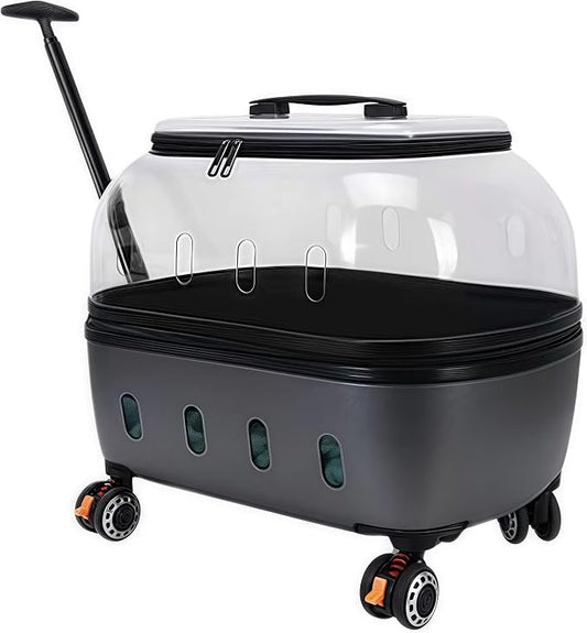 Compact Pets Carrier with Wheels 360° Castors Pet Suitcase Fits up to 48 lbs Cats or Small Dogs, External Single Pole Handle, Portable and Breathable for Trips (Gray)