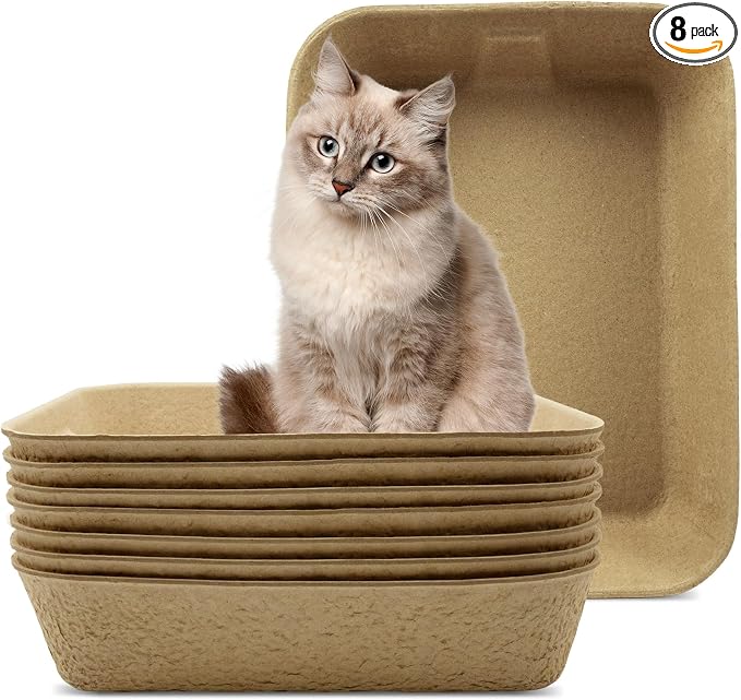 8 Pack Disposable Cat Litter Boxes, 16 x 12 x 3 Inch Portable Paper Cat Litter Tray, Large Leak Resistant Toilet Liners Box for Travel, Rabbits, Small Animals, Brown