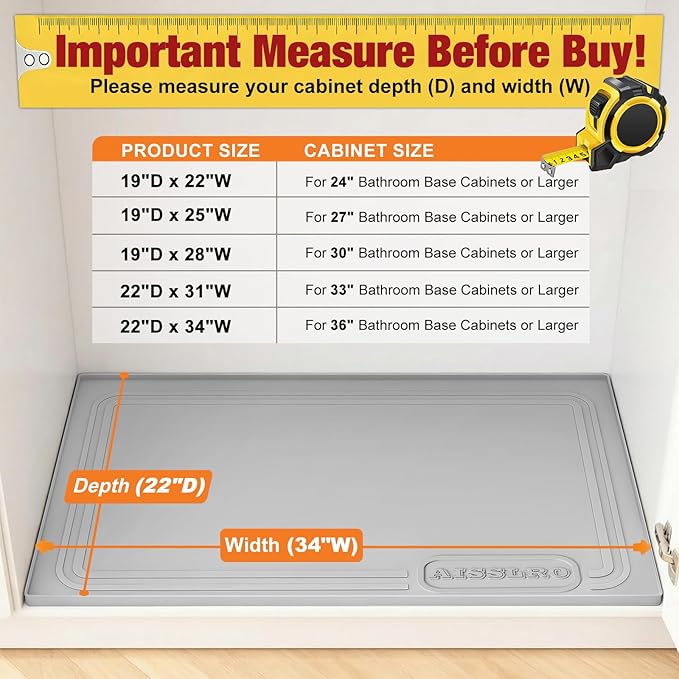 Aisslro Under Sink Mat 34" X 22", Waterproof Silicone Cabinet Organizer Protector with Raised Edge, Kitchen & Bathroom Leak Tray, Shelf Liner & Pet Feeding Mat for Dog Cat Food Mats, Gray