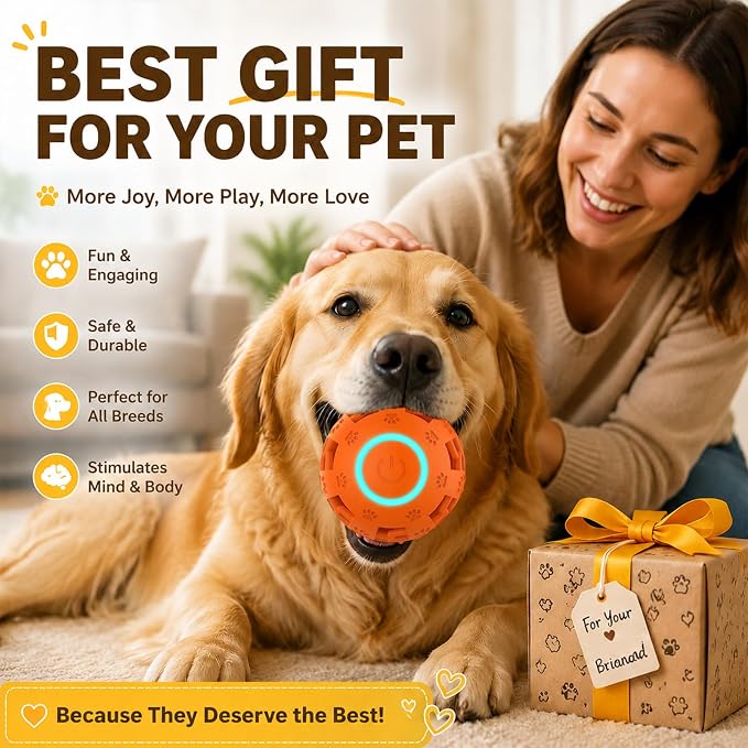 Interactive Dog Toy Ball, Durable Motion Activated Automatic Moving Ball for Small/Medium/Large Dogs, Rechargeable Dog Treat Ball with LED Lights, 2 Play Modes to Keep Your Dog Busy (Orange)