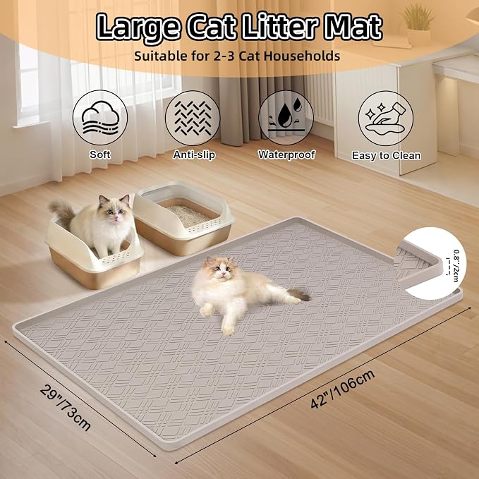 Silicone Cat Litter Mat, 42" x 29" Extra Large Litter Trapping Mat for Litter Box, Leak-Proof, Non-Slip, Kitty Litter Mats with Soft Texture for Floor, Keeping The Floor Clean (Khaki)