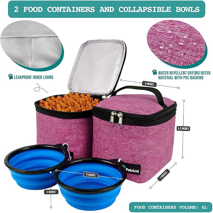 PetAmi Dog Travel Bag Backpack, 27L Airline Approved Pet Supplies Organizer with 2 Food Containers, 2 Collapsible Bowls & Poop Bag Dispenser, Weekend Road Trip Camping Dog Mom Gift, Pink