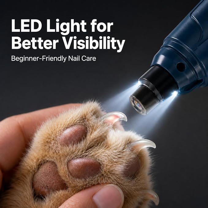 Dog & Cat Nail Grinder, Quiet 16-Speed USB-C Trimmer with 3 Heads | Below 45 dB,16 speeds, Dual LED lights, 3 ports, USB-C charging for cats and dogs