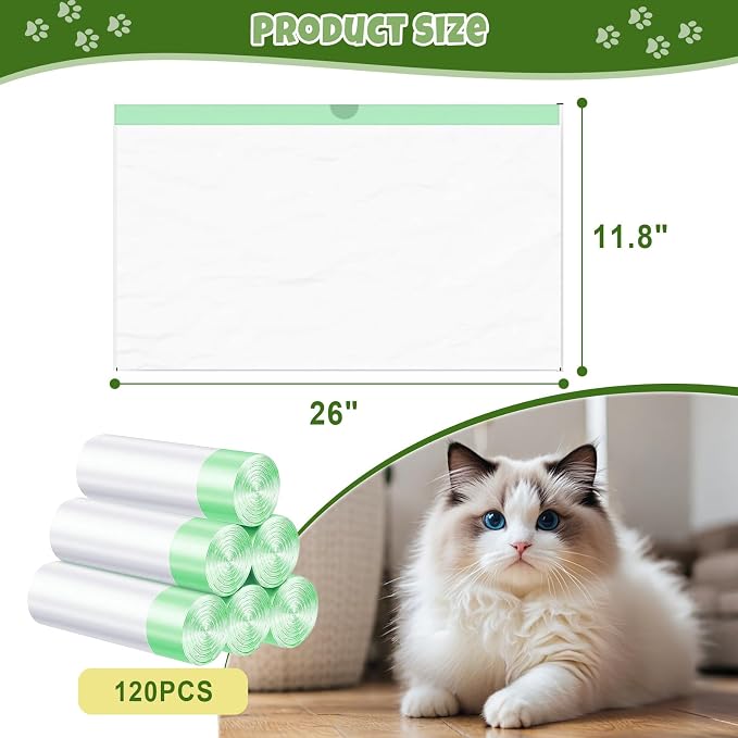 120 Count 26" x 11.8" Pre-separated Cat Litter Bags - Compatible with Fsitego & Fumoi Self Cleaning Litter Box, Extra Thick Heavy Duty Cat Litter Box Liners, 3-4 Gallons of Capacity