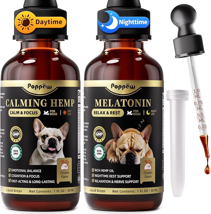 Dog Calming & Melatonin Drops, Day & Night Calm Support Set, Anxiety & Stress Support Calming Treat, Enhance Calmness & Sleep for Separation, Travel, Fireworks & Thunder, Chicken Flavor, 2 FL.Oz