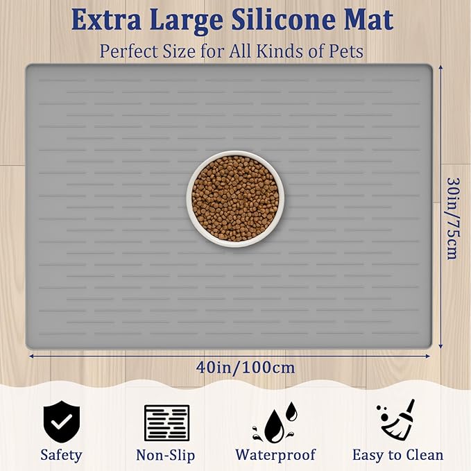 40"x30" XXL Silicone Dog Feeding Mat, 1.5MM Extra Thick Dog Bowl Mat for Food and Water, Large Non-Slip Placemat with High Edges for Dogs Bowls, Easy to Clean, Beige