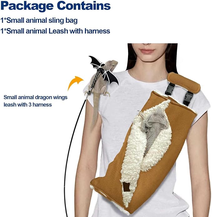 Adjustable Fluffy Bearded Dragon Sling Carrier Bag, Reptile Carrier with Leash Harness Lizard Cage Accessories for Small Animal, Ferrets, Squirrel, Hamsters,Parrot (Caramel)