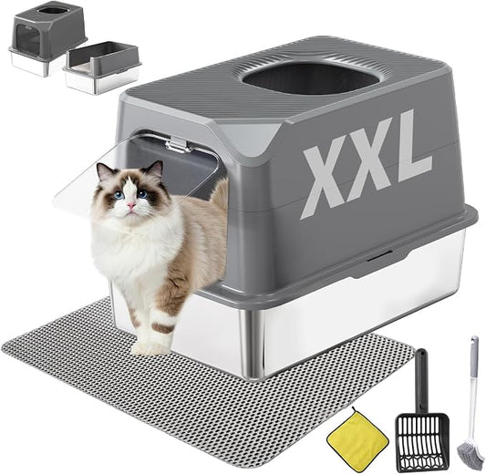 Extra Large Stainless Steel Cat Litter Box Enclosed with Lid - 23.6" x 15.7" x 16.5" Metal Cat Litter Box XXL for Cats, Front Top Entry High Side Kitty Litterbox，Scoop & Mat, Anti Leakage, No Sticky