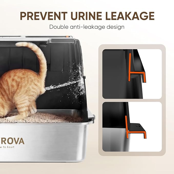 304 Stainless Steel Litter Box with Flip-Up Lid, Easy to Clean Enclosed Cat Litter Box for Big Cats, High Sides for Anti-Urine Spray & Odor Control, Includes Scoop and Mat