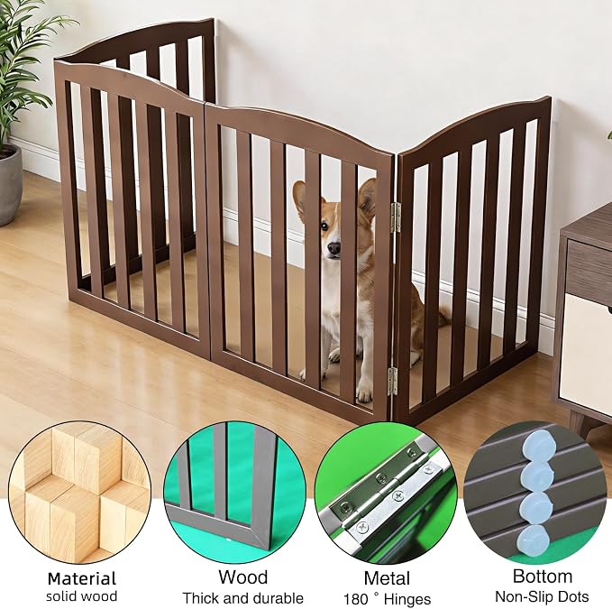 Freestanding Dog Gate Indoor,Doggie Gate Foldable Pet Gates for Doorways,Stairs or Hallways, Wooden Brown Pet Gate for the House, Pet Fence,24 "Height-4 Panels