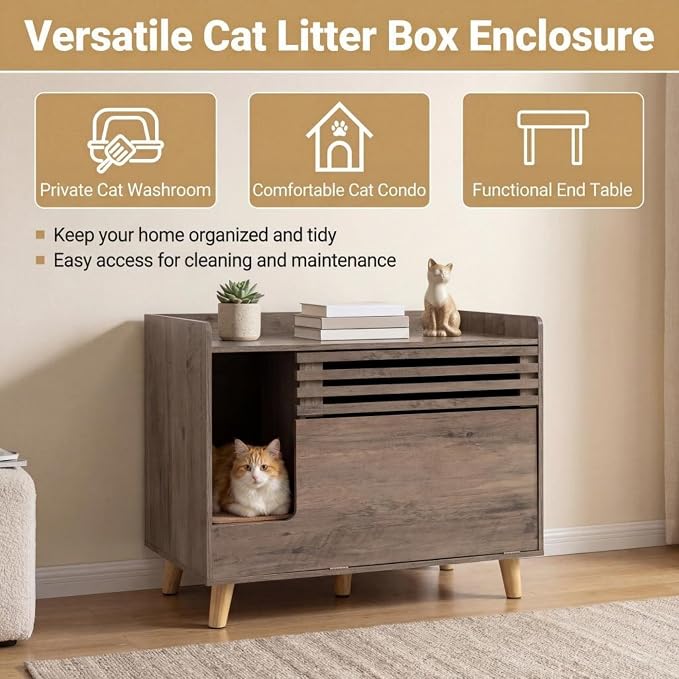 Tangkula Farmhouse Litter Box Enclosure, Cat Litter Box Furniture Hidden with Flip-Down Opening Door, Scratching Mat, 31.5 Inch Wooden Cat Washroom Side Cabinet with Storage for Indoor Cats (Brown)