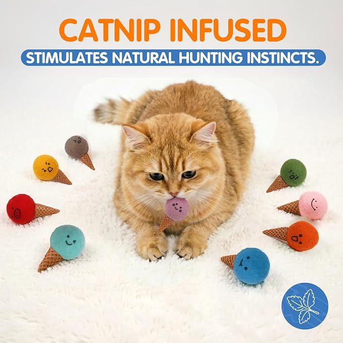 Ice Cream Cone Cat Toys 9PCS Set, Felt Ball Cat Toys with Cute Expressions, Interactive Kitten Toys for Indoor Cats, Soft Bite & Chase Toys with Catnip, 1.4 Inch Balls with Storage Box