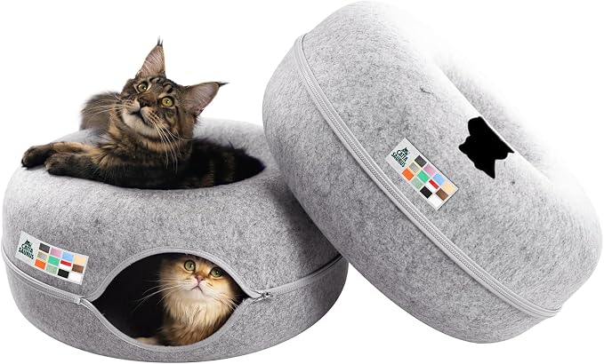 Cattasaurus Peekaboo Cat Cave Donut for Multiple & Large Cats up to 30-45 lbs, 3-in-1 Self Warming Cat Bed, Tunnel & Scratcher for Indoor Cats, Washable & Detachable (Light Gray + Light Gray, Large)