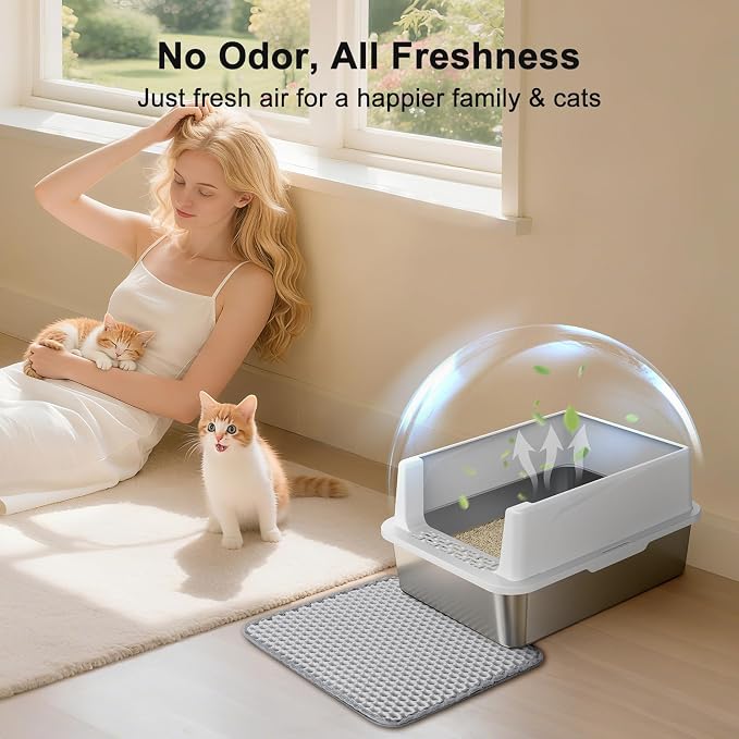 FURTIME Stainless Steel Cat Litter Box, Easy-Clean High-Sided Metal Litter Box, Open-Top Litter Pan for Small Cats, Includes Scoop & Mat, Non-Stick, Anti-Leakage, 17"×13"×8.4"