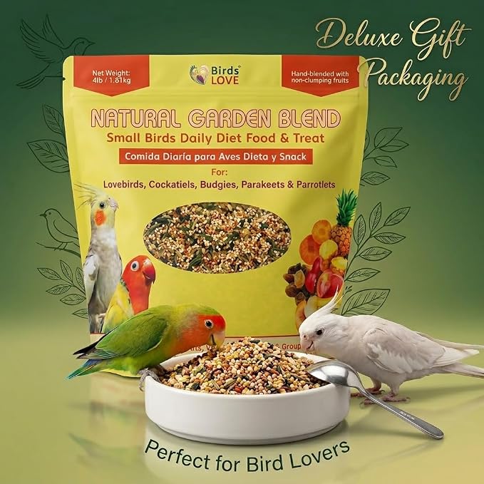 Birds LOVE Natural Garden Blend Bird Food for Small Birds, 4 lb - Hand Packed in USA, Natural Mix with Fruits, Seeds & Grains for Lovebirds, Cockatiels, Budgies & Parakeets