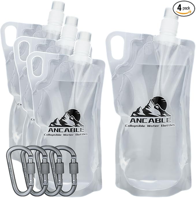 Ancable 1L Hiking Collapsible Water Bottles, 4-Pack 33OZ BPA-Free Foldable Backpacking Water Bottle for Travel Camping Hiking