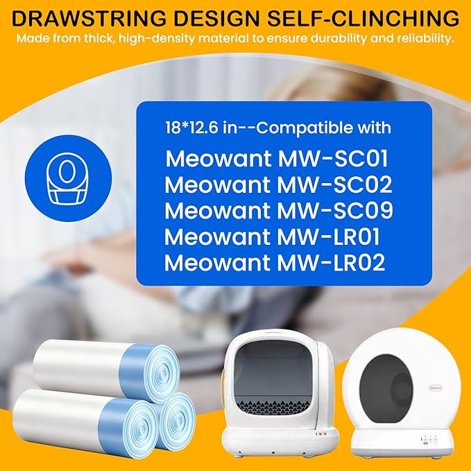 160 Count Drawstring Cat Litter Box Liners, Durable Cat Litter Bags Compatible with Meowant MW-SC01/SC02/SC09/LR01/LR02 Self-Cleaning Litter Box, 18"x12.6"