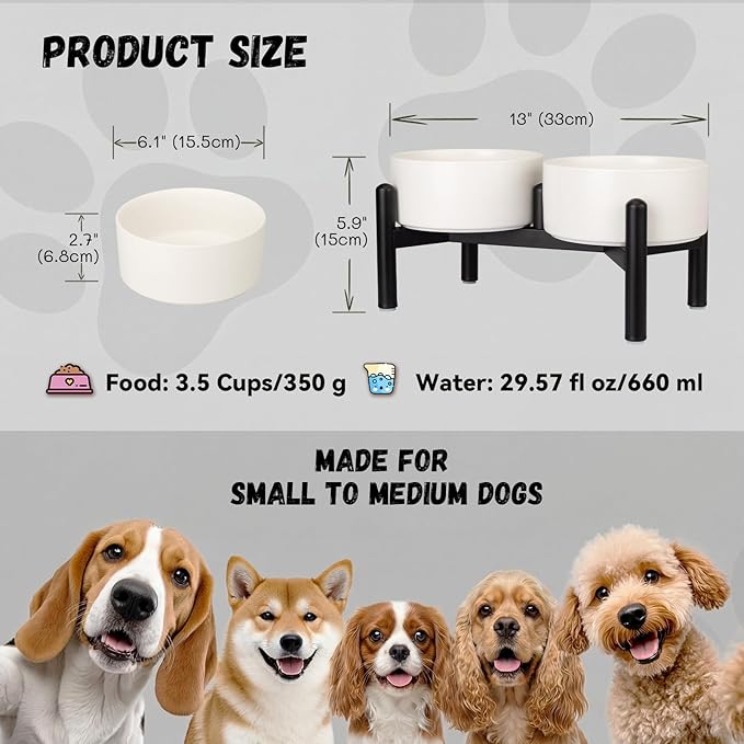 Raised Ceramic Dog Bowl Set - Elevated Double Dishes with Stainless Steel Stand - Food and Water Bowls for Small to Medium Dogs - Each Holds 3.5 Cups (29.57 fl oz) - White