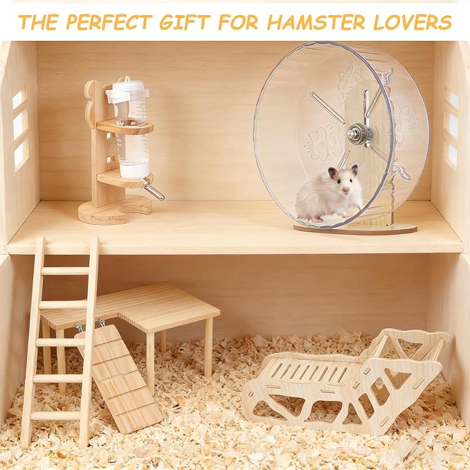 Hamster Toys Complete Set - Noiseless Silent Exercise Wheel, Maze Wood House, Stand, Chew Toys & Water Bottle Cage Accessories for Hamster, Rat, Mice Small Animal Habitat
