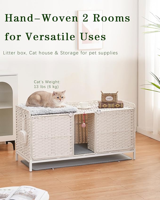 SETVSON Cat Litter Box Enclosure for 2 Cats, Hidden Litter Box Furniture with Mat, Large Rattan Cat House with Double Room and Door, 47.3 L x 19.7 W x 24 H, 2 S-Shaped Hooks for Living Room White