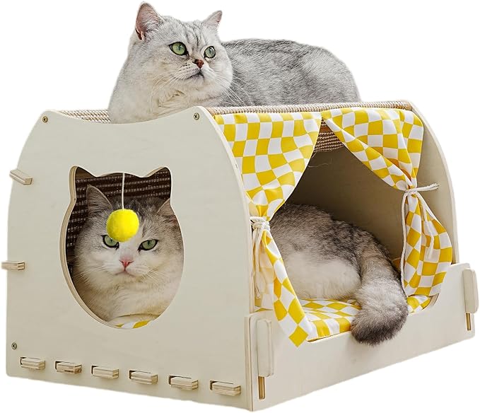 VARMTOR Cat House Indoor, Cat Cave, Modern Kitten Bed with Scratch Pad and Fluffy Ball, Wooden Frame with Cushion and Curtains (M, Double-Layer)