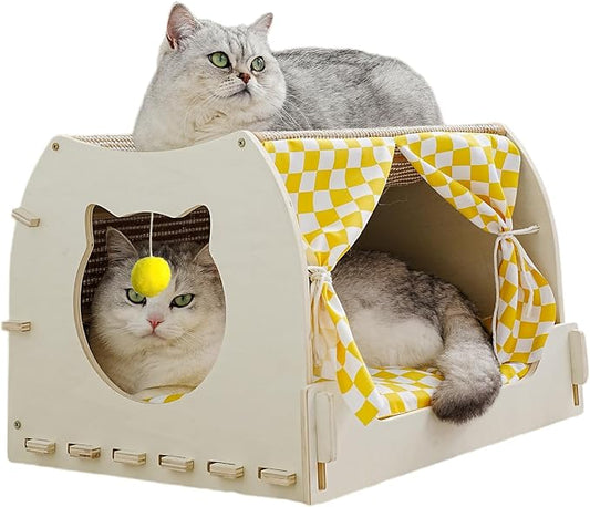 VARMTOR Cat House Indoor, Cat Cave, Modern Kitten Bed with Scratch Pad and Fluffy Ball, Wooden Frame with Cushion and Curtains (M, Double-Layer)