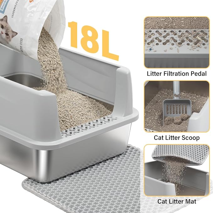 Stainless Steel Litter Box with Lid,Open Top Low Entry Litter Box, Metal Kitty Litter Box for Medium/Small Cats,Odor Control,Anti-Leakage, Non-Sticky, Includes Mat&Scoop,17.5x13.6x8in,