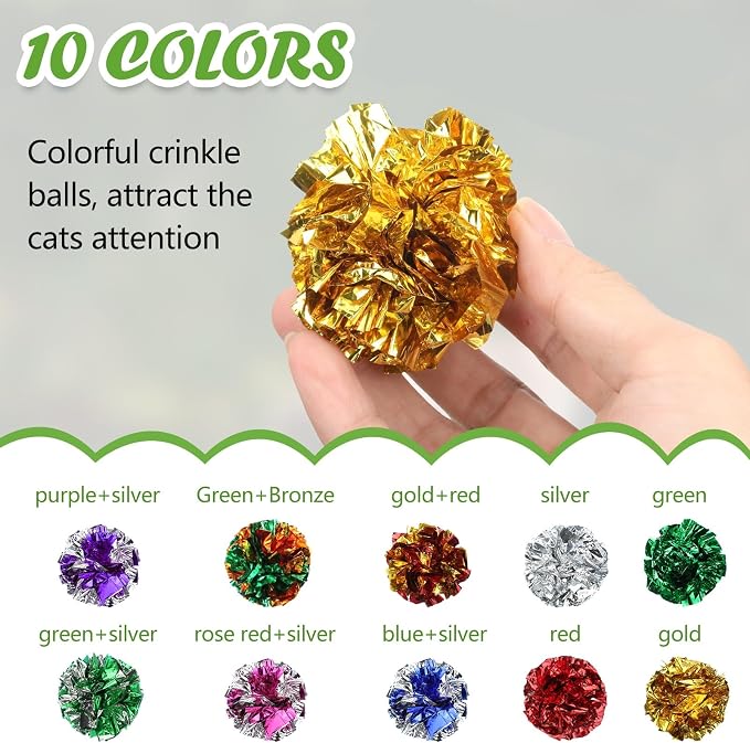 Silkfly 100 Pcs Polyester Film Crinkle Balls Cat Toys 2.36" Interactive Crinkle Ball, Colorful Balls Chew Toy for Cat Chase Ball Toys Attract Cats for Indoor Cats and Kittens to Keep Fit and Active
