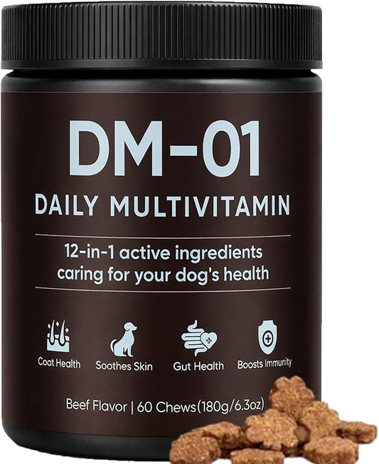 DM-01 Daily Multivitamin for Dogs, Multivitamin Itch Relief Chews Contain Glucosamine Probiotics Salmon Oil for Skin Coat, Gut & Immune Supports, 60 Chews (1)
